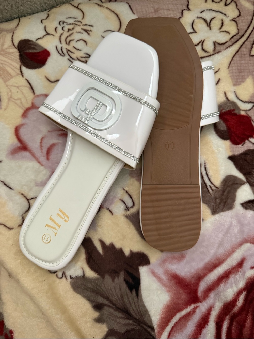 White Patent Slide Mules with Crystal Accent -